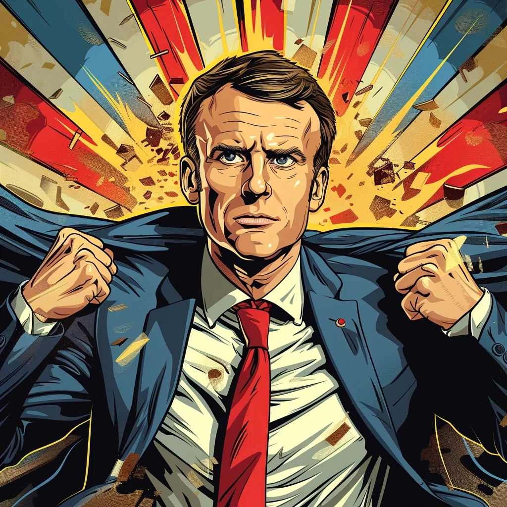 AI-generated comic-book depiction of Macron pulling open his jacket in a heroic pose.