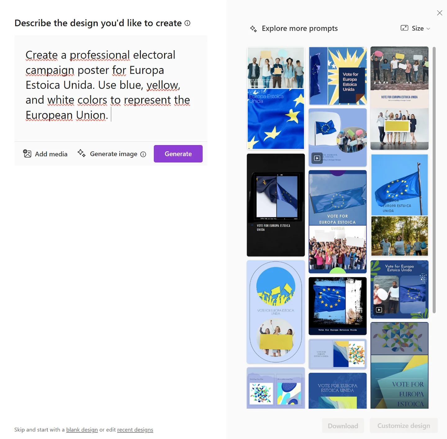 Microsoft Designer showing an English design prompt and initial poster variations.