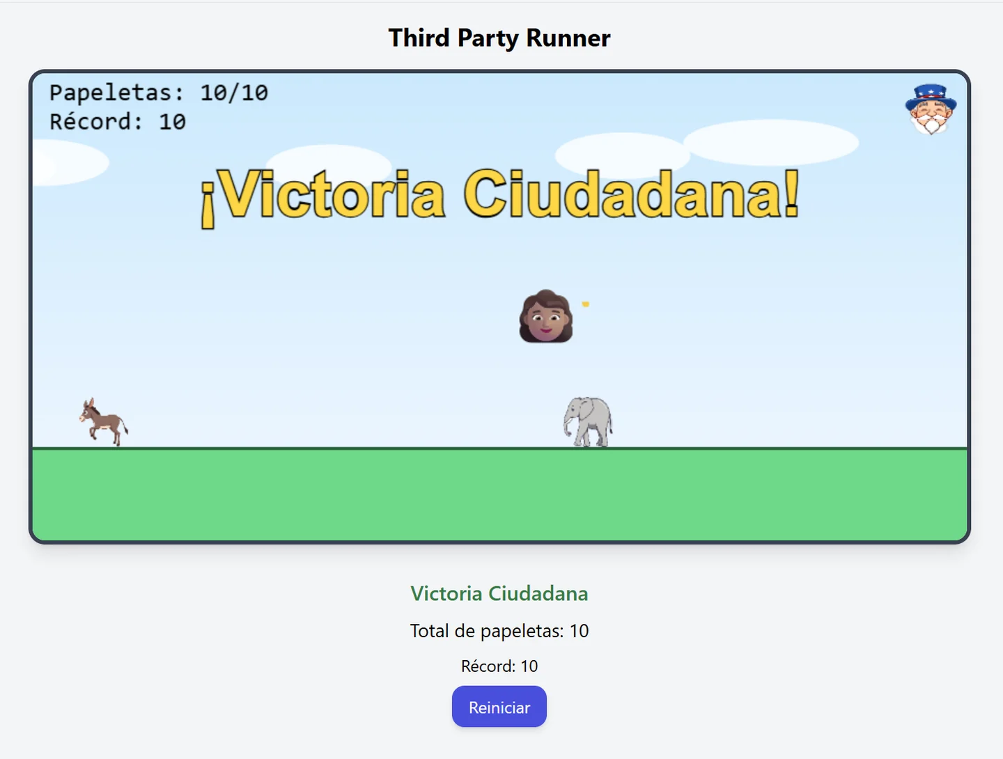 Third Party Runner victory screen, with ten ballot papers collected and a record of ten.