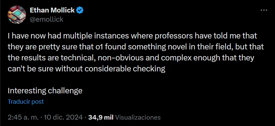 Ethan Mollick describes professors’ difficulty in checking apparently novel findings produced by o1; original English transcribed below.