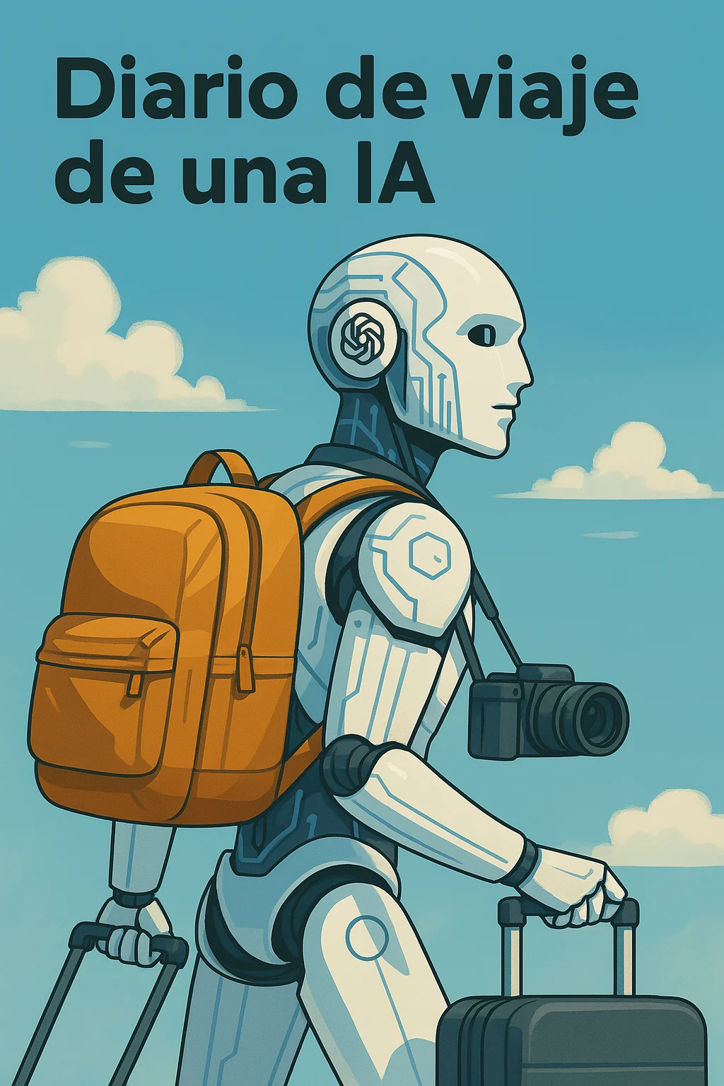 Illustrated robot with a backpack, camera and suitcase; Spanish cover title translated below.
