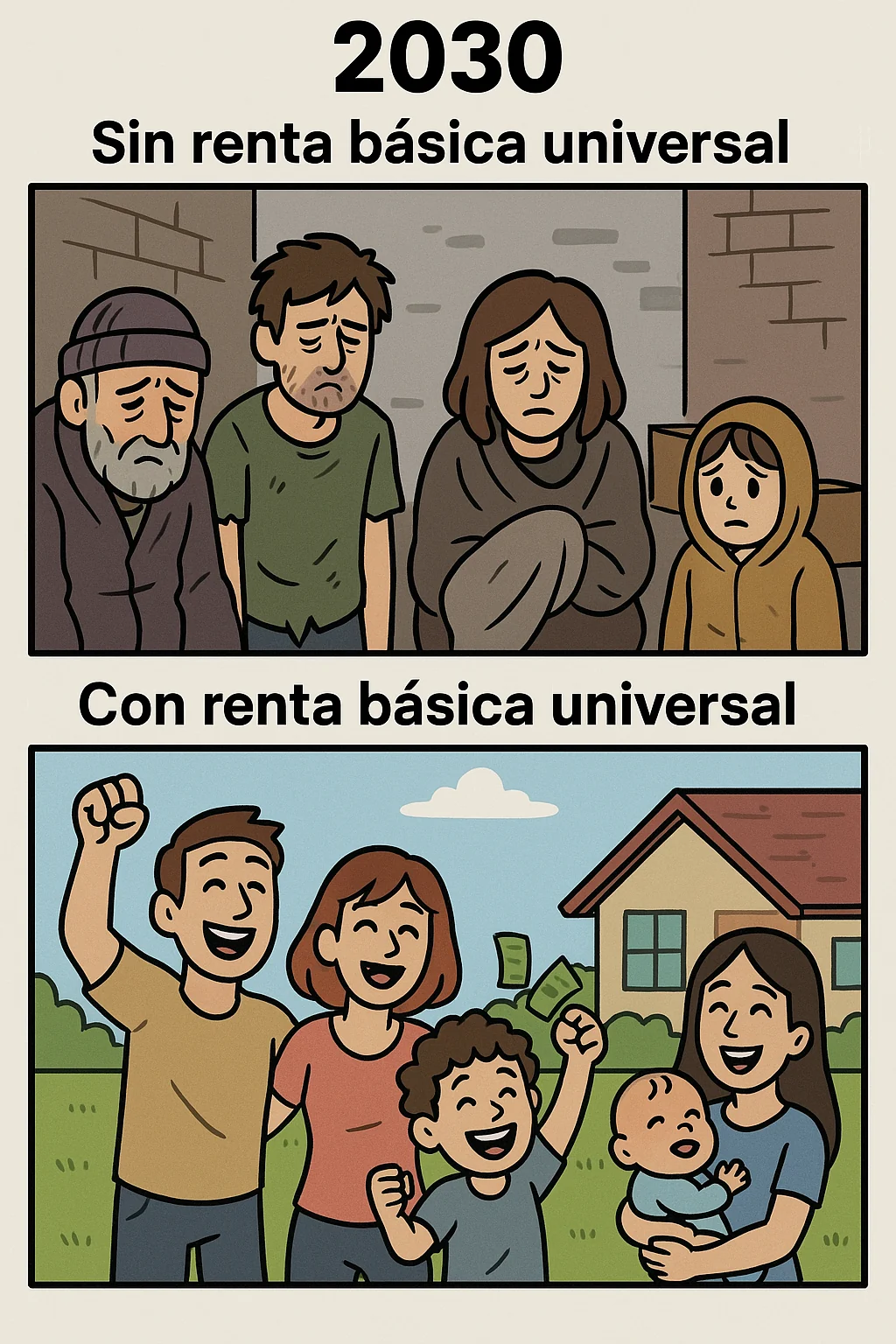 Two-panel synthetic 2030 meme contrasting deprivation without universal basic income and prosperity with it.