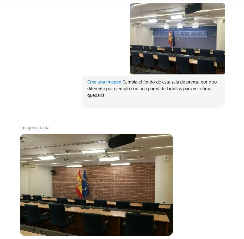 ChatGPT screenshot changing the Congress press room's backdrop to a brick wall; the complete Spanish prompt is translated below.