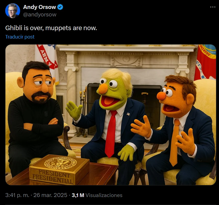 Andy Orsow's post showing a synthetic puppet-style presidential scene, captioned Ghibli is over, muppets are now.