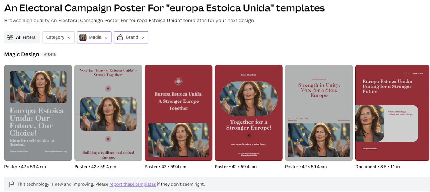 Six Canva mock campaign posters using the fictional candidate and the ALEPH brand colours, with slogans transcribed below.
