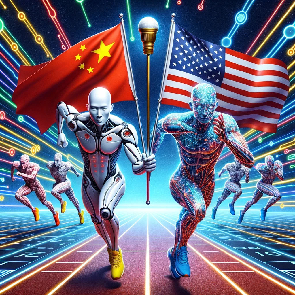 AI-generated runners race along a glowing digital track beneath Chinese and United States flags.