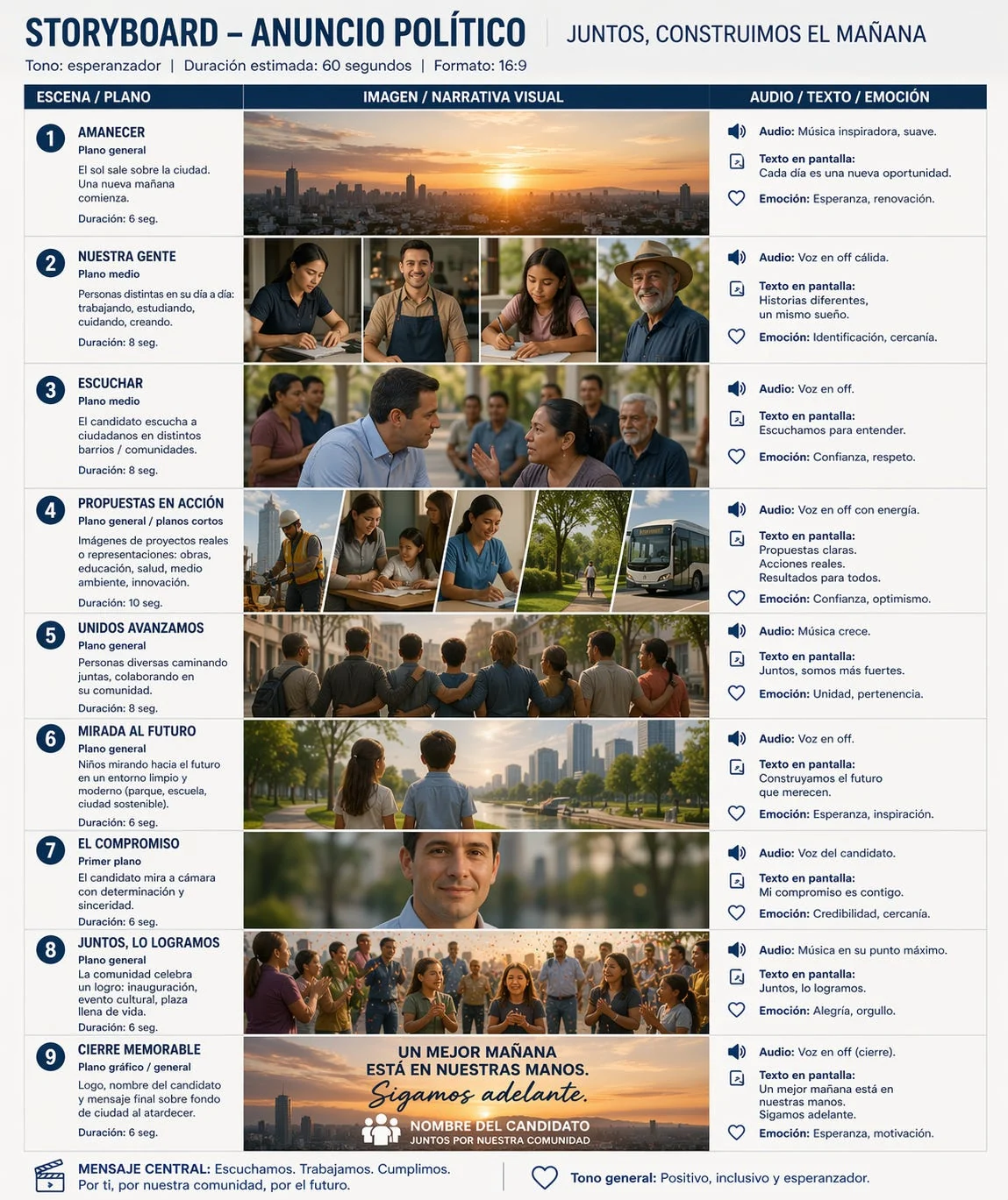 Generated nine-scene political advertisement storyboard with timings and text.