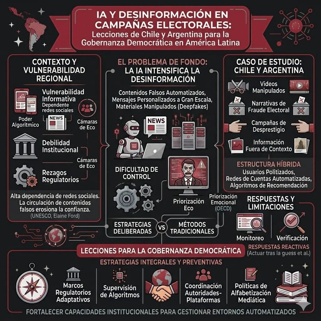Infographic on AI-amplified electoral disinformation, Chile and Argentina, and democratic governance responses.