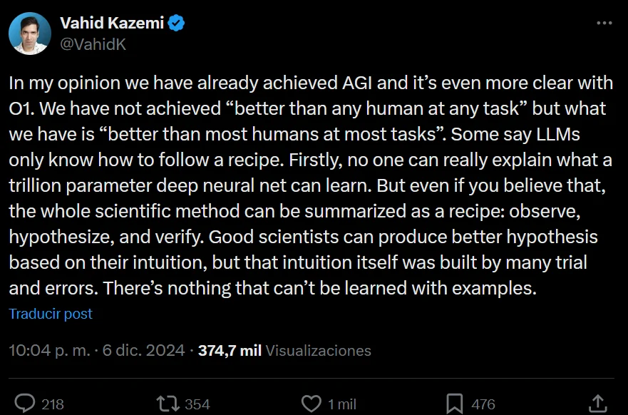 Vahid Kazemi’s post arguing that AGI has already been achieved under a “better than most humans at most tasks” definition; original English transcribed below.