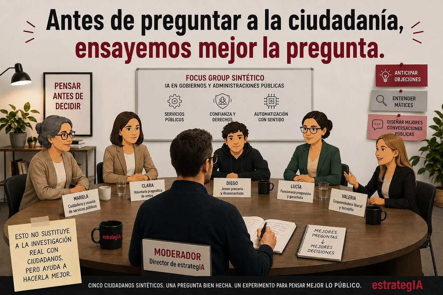 Illustrated synthetic focus group with five profiles and a warning that it does not replace real citizen research.