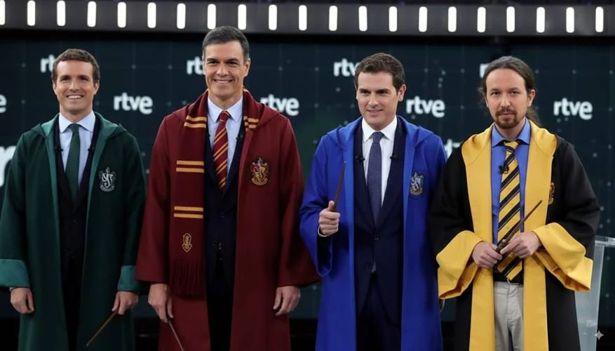 Gemini's generated transformation, retaining more of the debate backdrop while adding robes and wands.