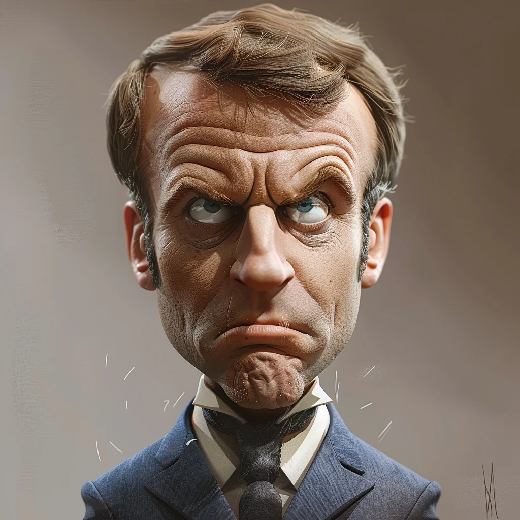 AI-generated caricature of Macron with an exaggerated head and angry expression.