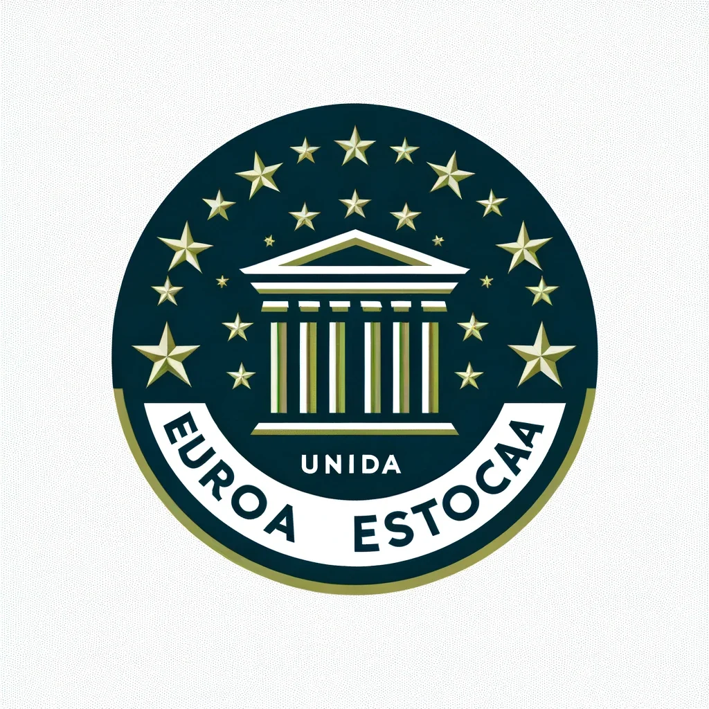 DALL-E logo for the fictional Europa Estoica Unida party, with a temple, stars and misspelled lettering.