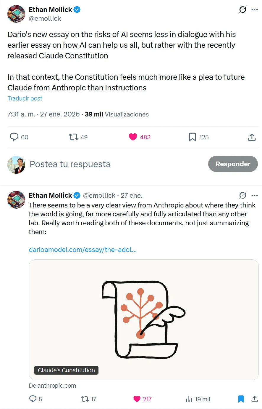 Ethan Mollick’s two English posts about Amodei’s essay and Claude’s Constitution.
