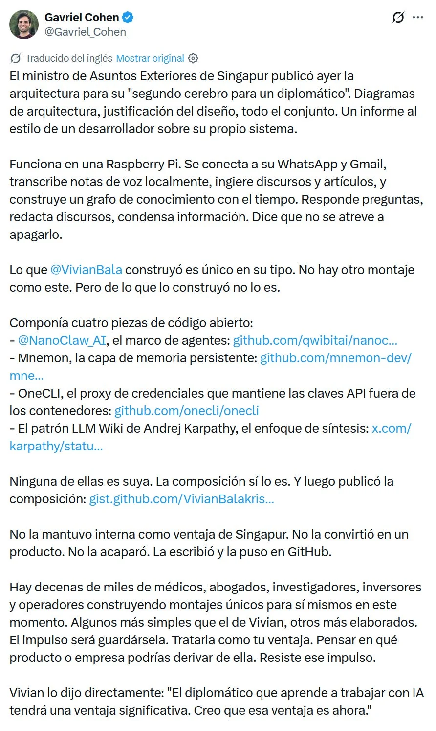 Gavriel Cohen's X post displayed in Spanish translation about the minister's second brain.