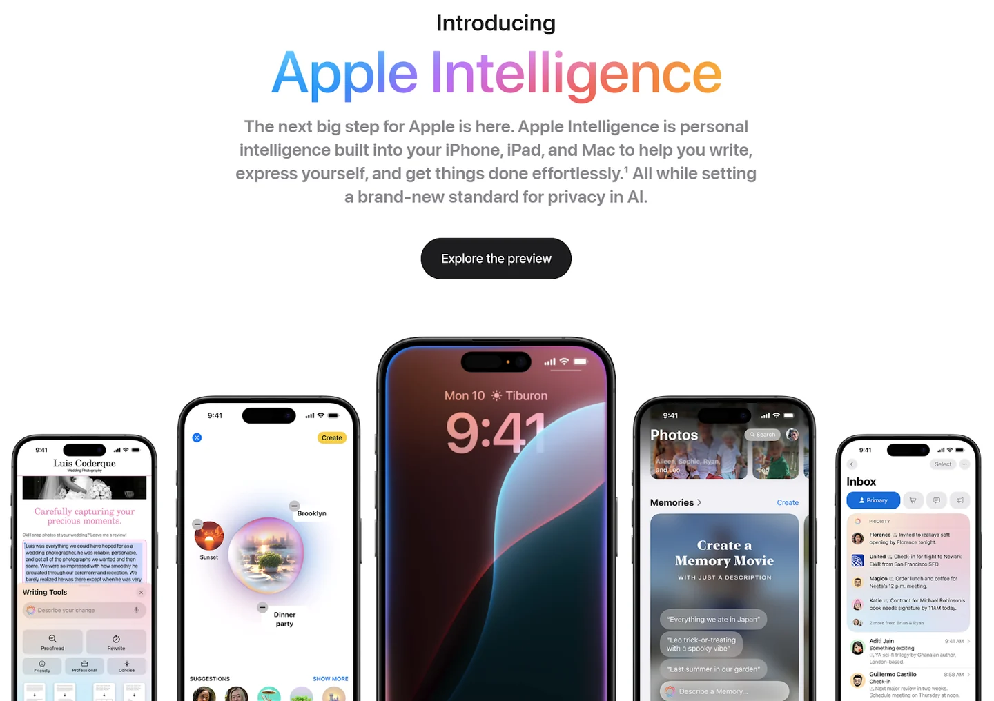Apple Intelligence announcement with five iPhone feature demonstrations, its main English text transcribed below.