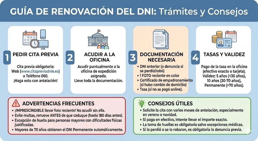 Generated DNI renewal guide with steps, warnings and useful tips.