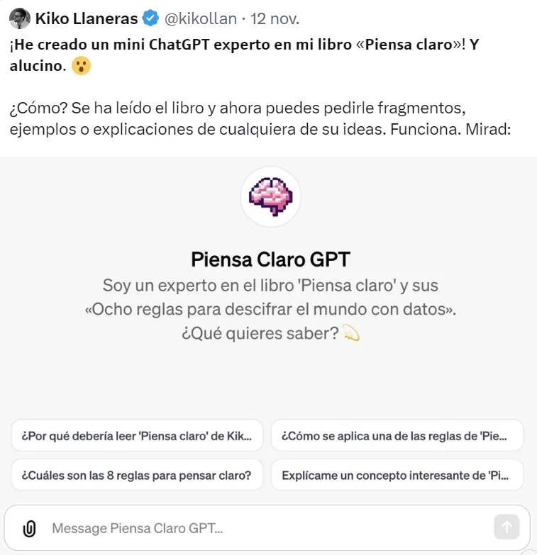 Kiko Llaneras announces a GPT based on his book Piensa claro, with a preview offering explanations and examples of its eight rules for understanding the world through data.