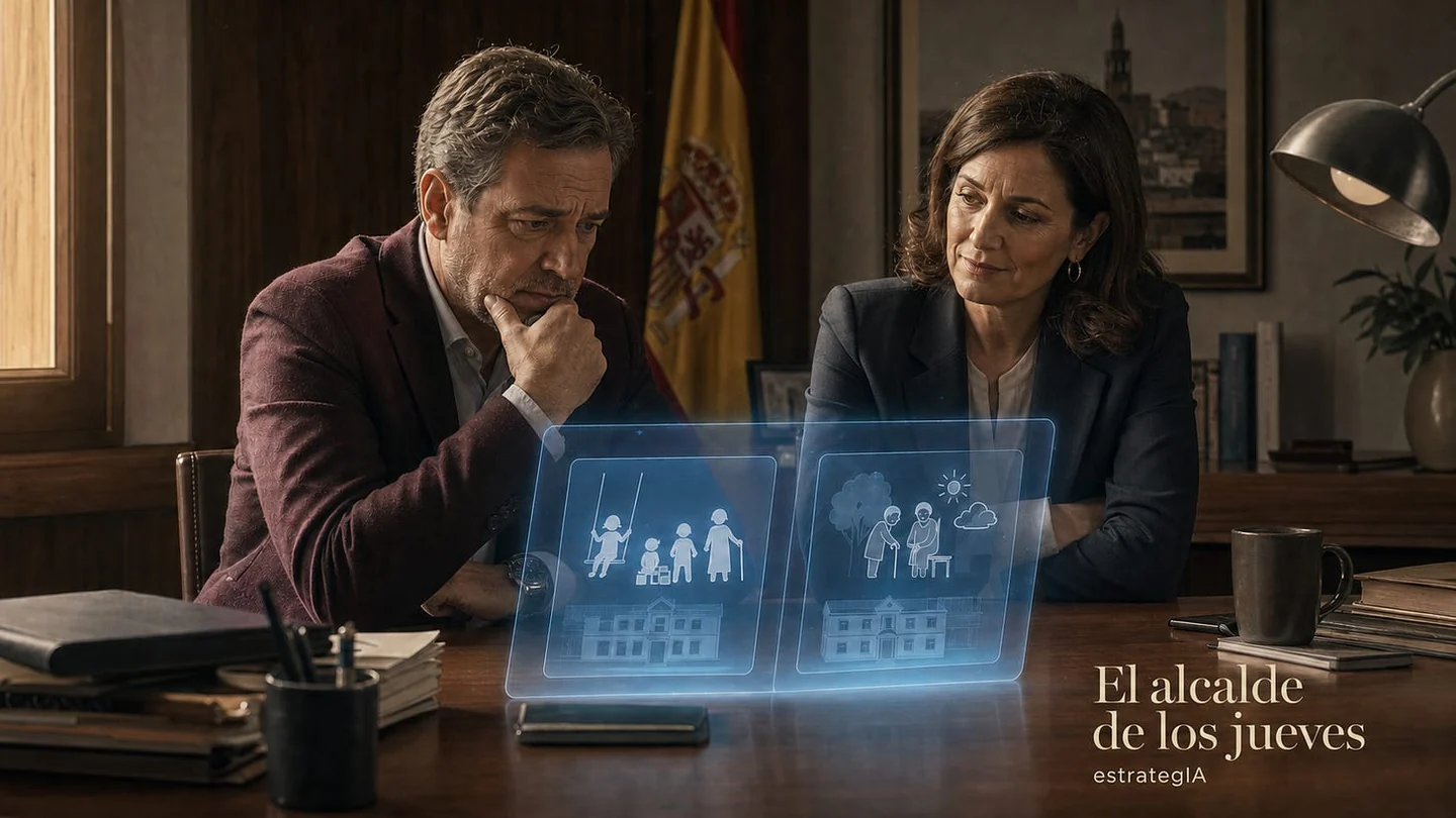 Illustration of a mayor and an adviser weighing a nursery school against a day centre for older people.