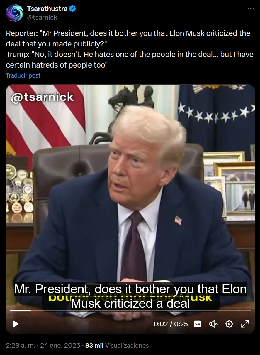 Screenshot of a post quoting a reporter’s question and Trump’s response, with a still from the accompanying video.