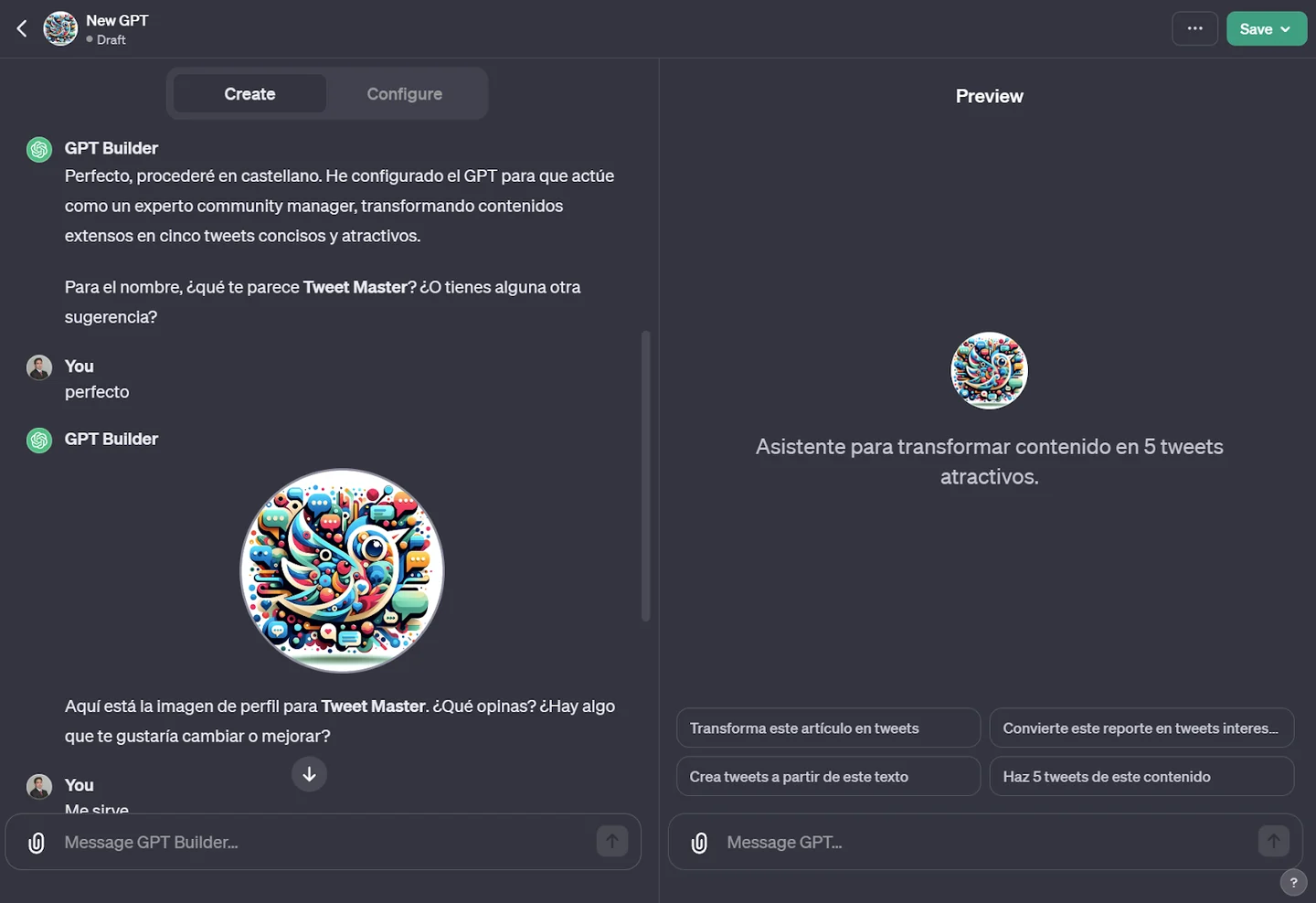 The GPT Builder proposes the name Tweet Master, generates a colourful profile image and displays an assistant for turning content into five engaging tweets.