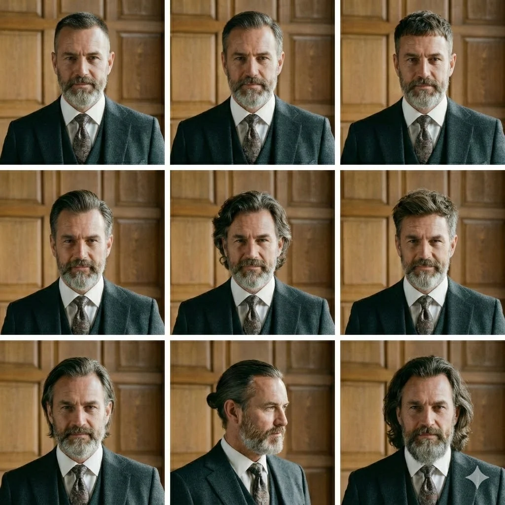 Nine generated hairstyle variations of the man, retaining his suit and setting.