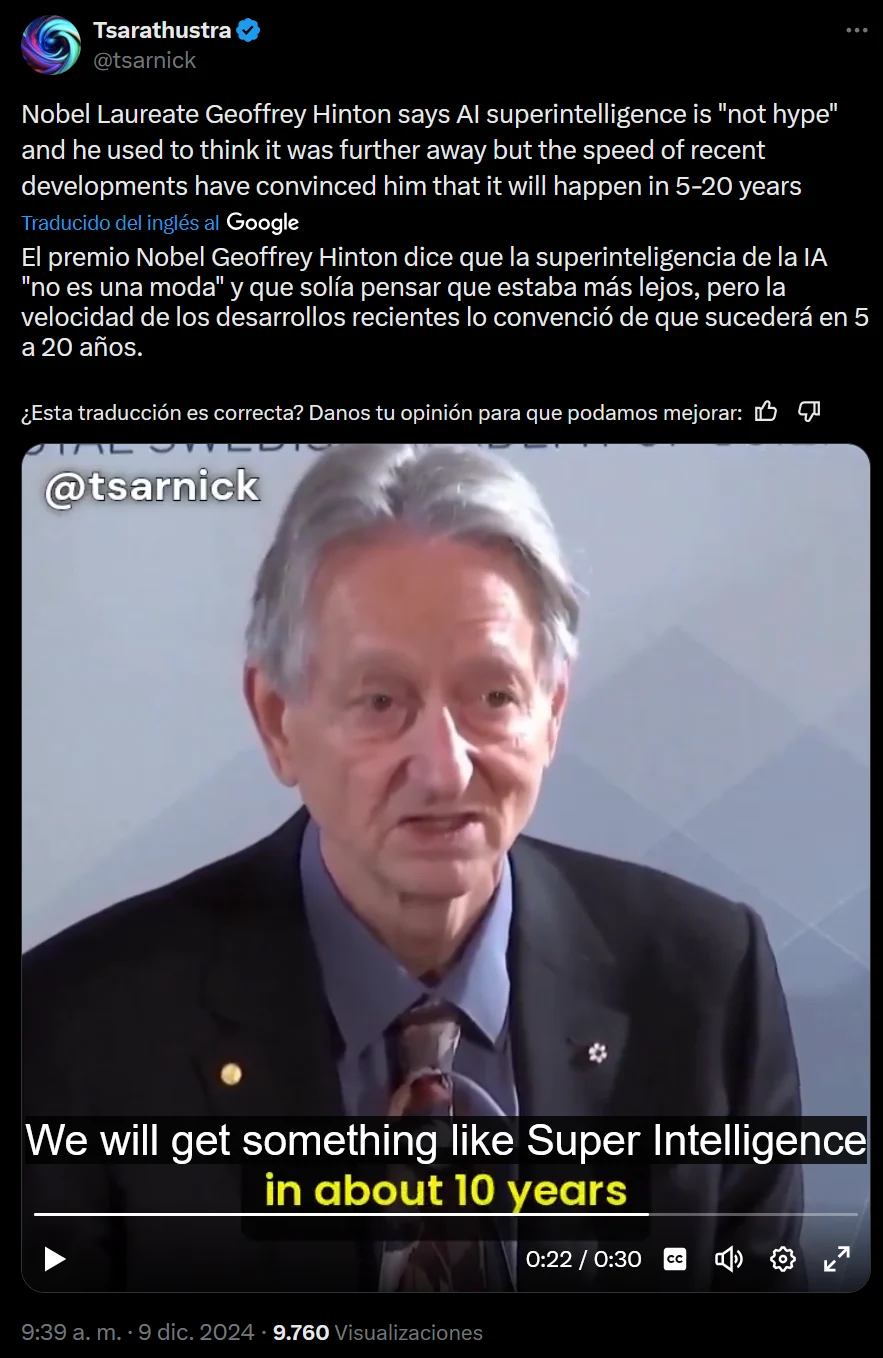 Tsarathustra’s post about Geoffrey Hinton’s superintelligence forecast, with a still from the video and a subtitle referring to about ten years.