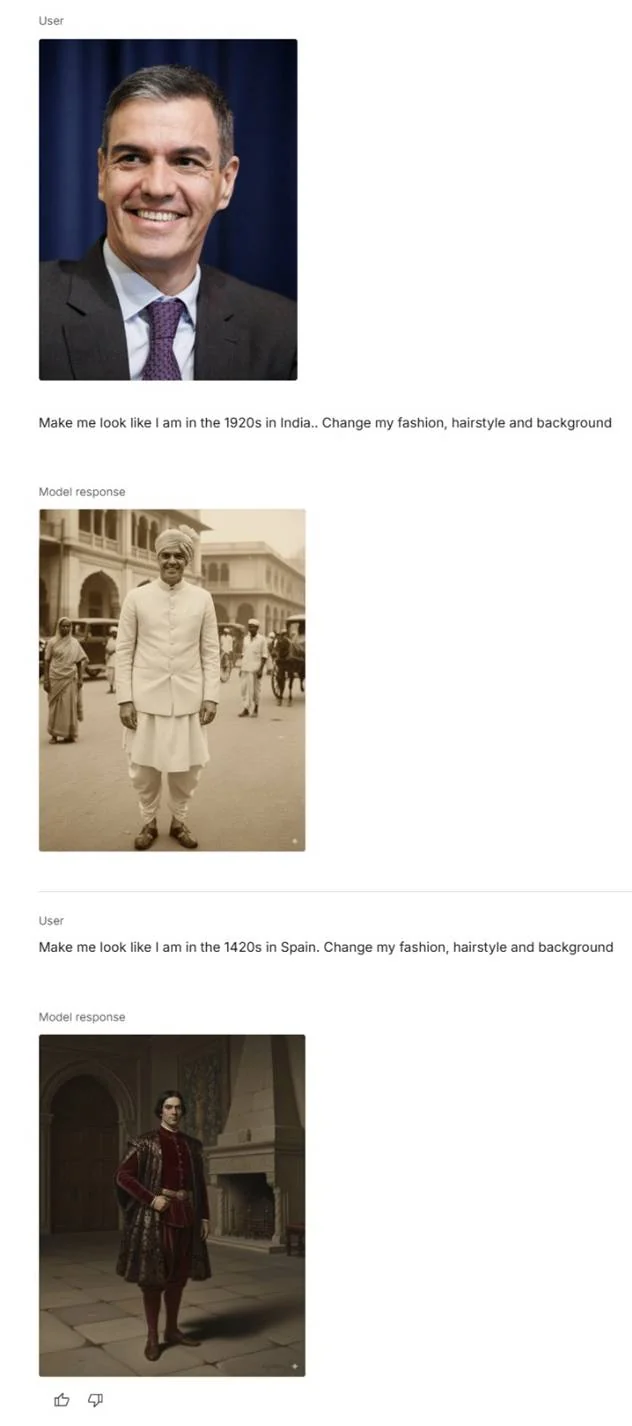 Two generated historical transformations of the same portrait, using prompts about India in the 1920s and Spain in the 1420s.