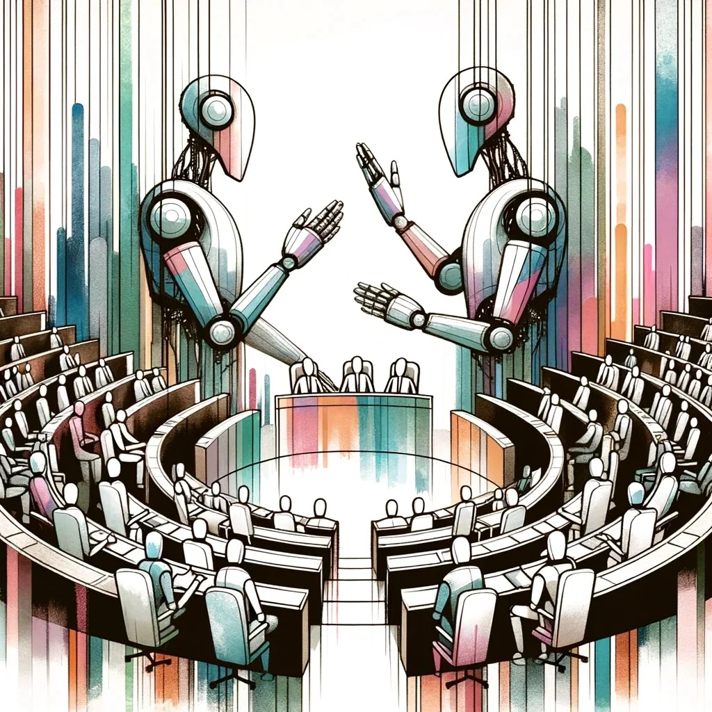 Two robots debate above a semicircular parliamentary chamber, in soft watercolour-like colours.