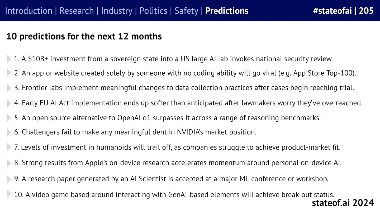 Ten State of AI Report predictions for the twelve months after October 2024; their original English wording is transcribed above.