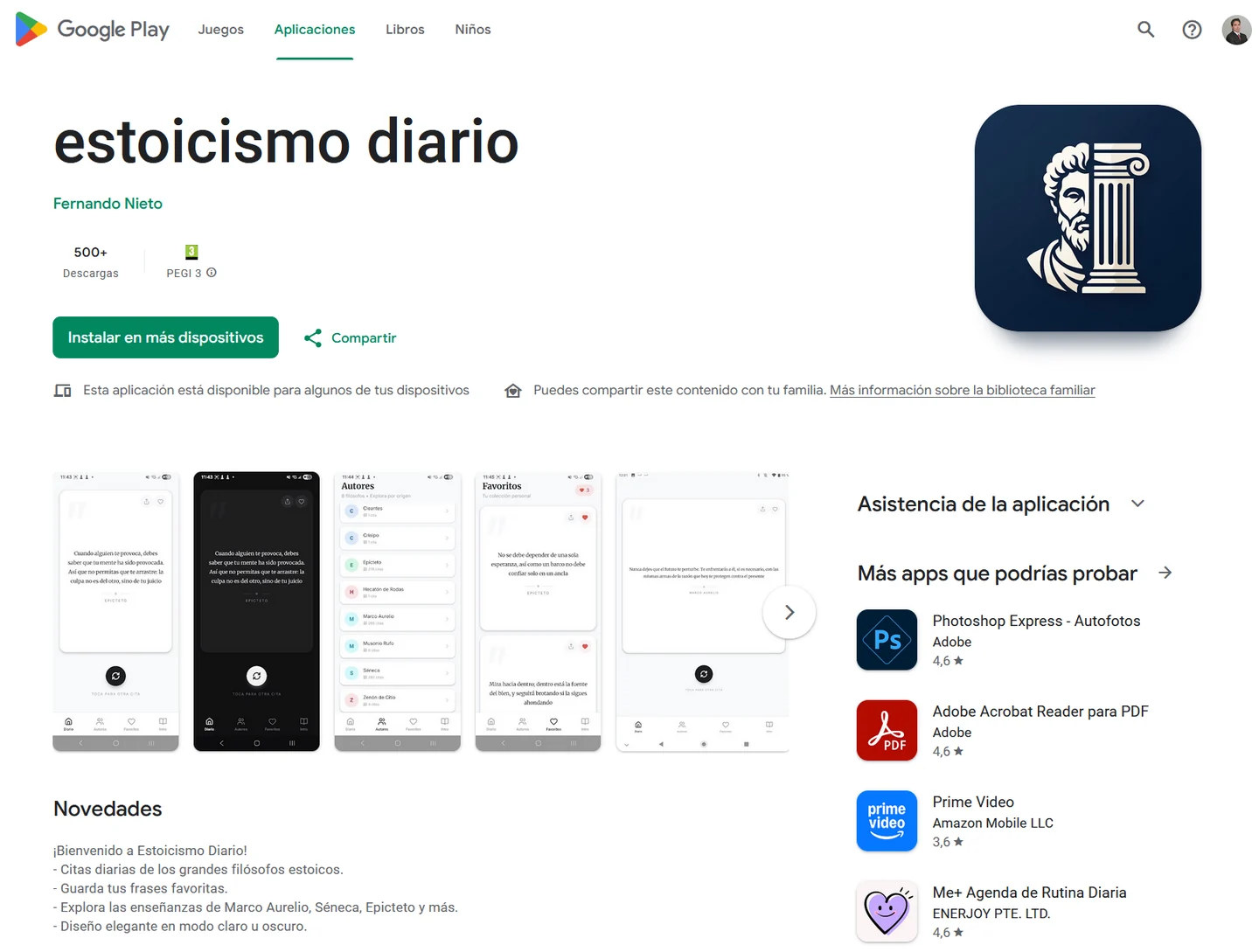 Historical Google Play listing and preview screens for Estoicismo Diario.
