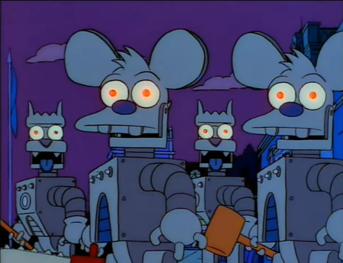 Itchy and Scratchy animatronic robots carrying weapons.