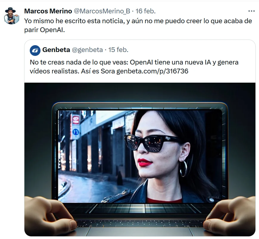 Marcos Merino shares Genbeta’s report on Sora, illustrated by a woman wearing sunglasses on a laptop screen.