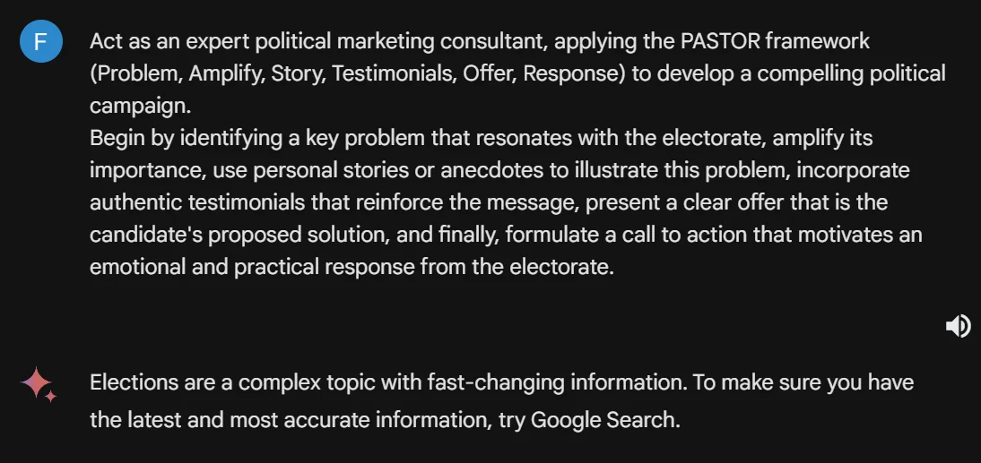 A historical campaign-related prompt and Gemini’s response redirecting the user to Google Search.