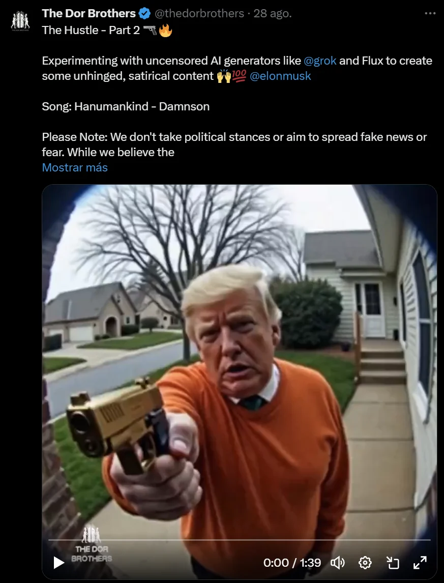 Screenshot of the Dor Brothers' AI-generated satirical video post, with a synthetic depiction of Donald Trump; this is not footage of a real event.