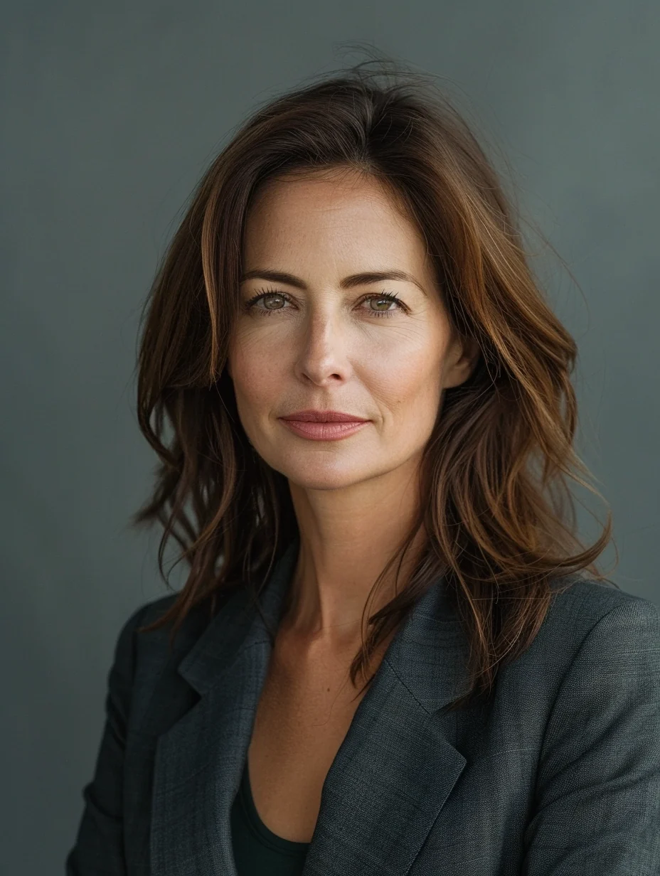 AI-generated portrait of Elena Vidal, the fictional candidate, wearing a dark jacket.