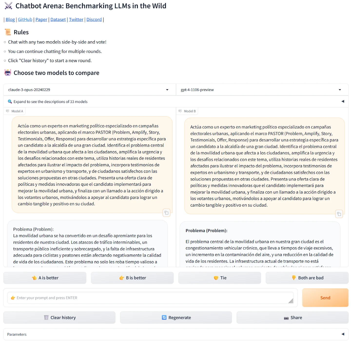 Chatbot Arena displays the same Spanish prompt side by side for Claude 3 Opus and GPT-4, with the beginning of each response.