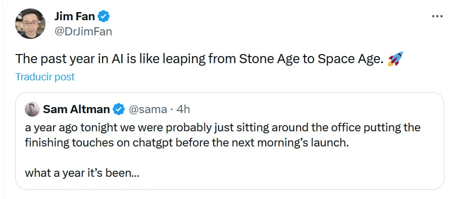 Jim Fan compares the past year in AI to a leap from the Stone Age to the Space Age, quoting Sam Altman's recollection of the night before ChatGPT launched.