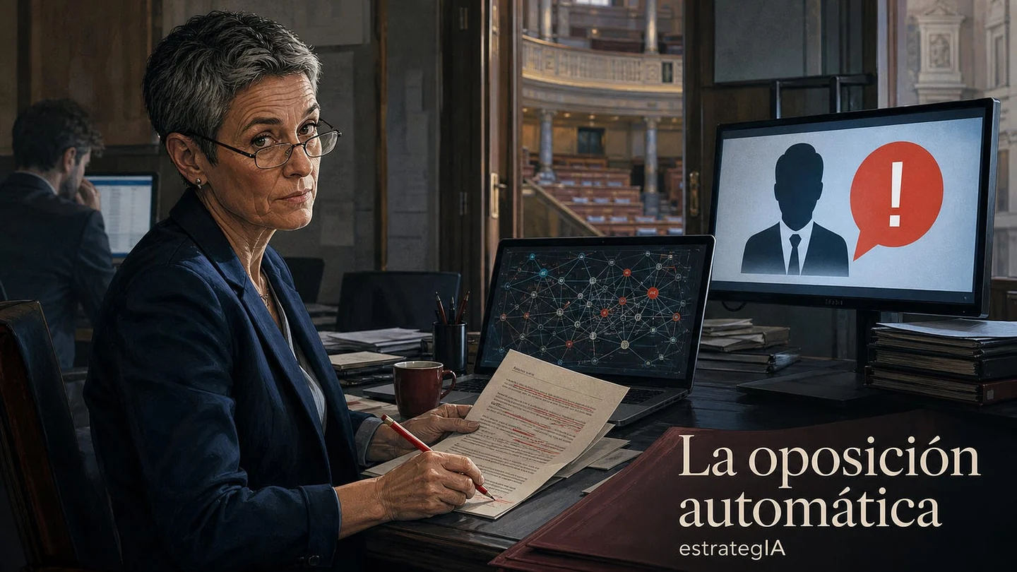 Illustration: an MP holding a red pencil sits between a network of contracts and a screen showing a political alert. Spanish title: The automated opposition.