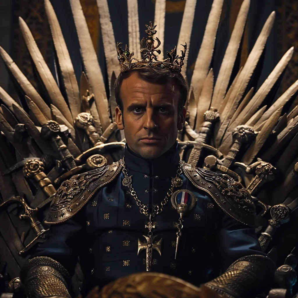 AI-generated fantasy caricature of Macron wearing a crown and sitting on a throne made of swords.