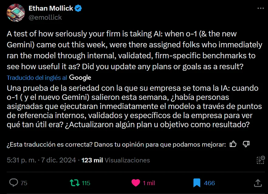 Ethan Mollick proposes testing new AI models against a company’s own validated benchmarks and revising plans in response; original English transcribed below.