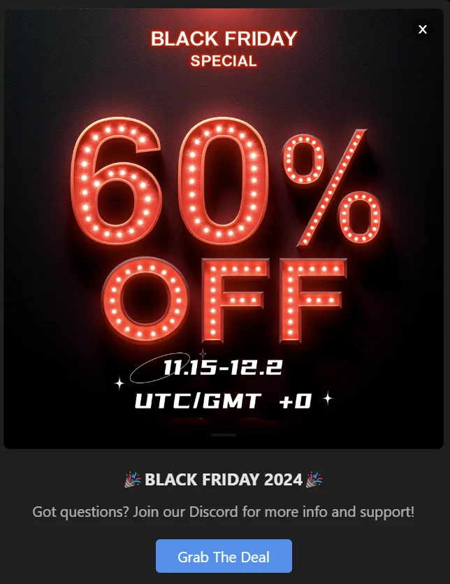 Mimic PC Black Friday 2024 banner advertising 60% off from 15 November to 2 December, UTC/GMT +0.
