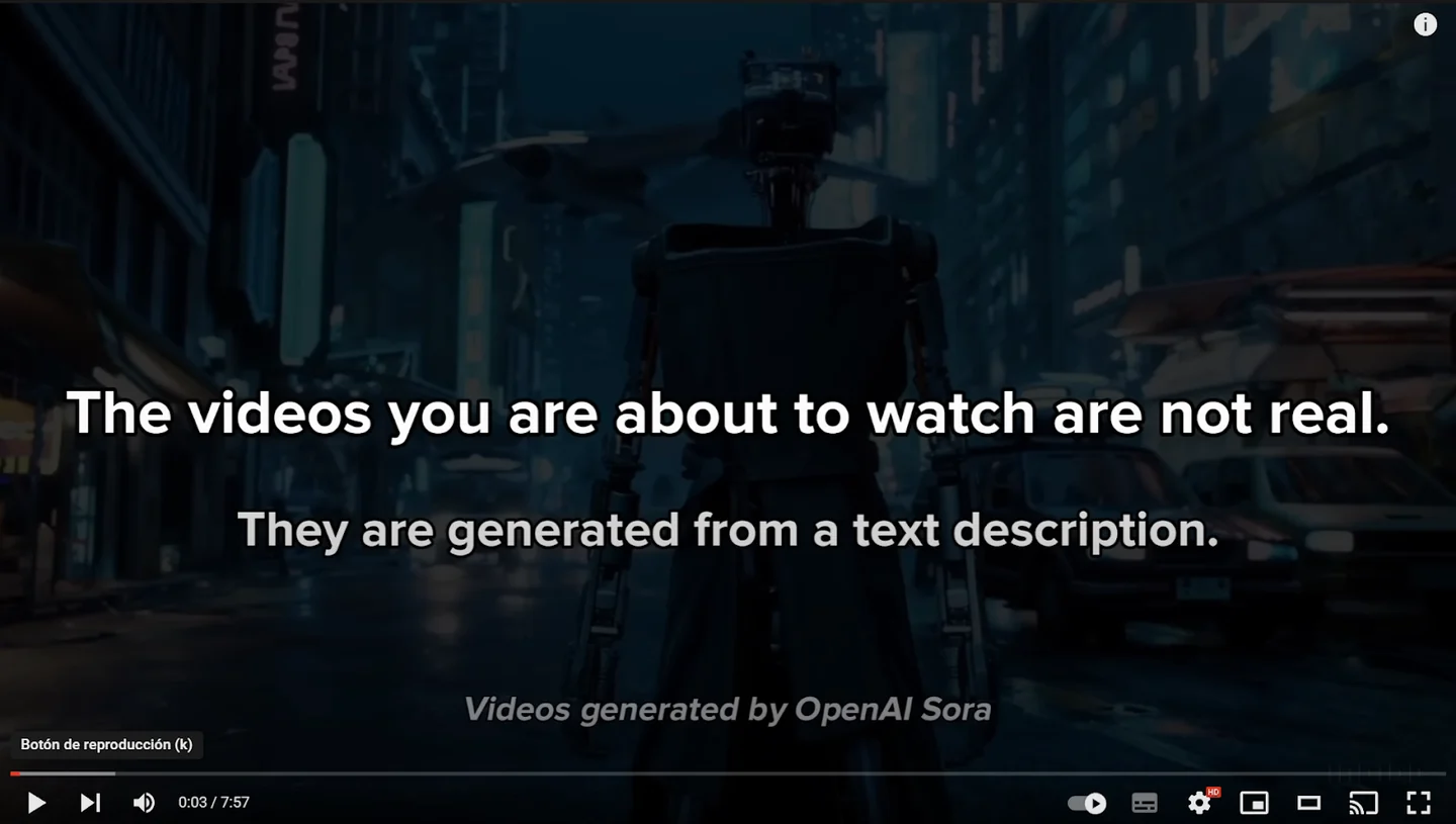 Opening frame of a Sora compilation explaining that its videos are generated from text descriptions.