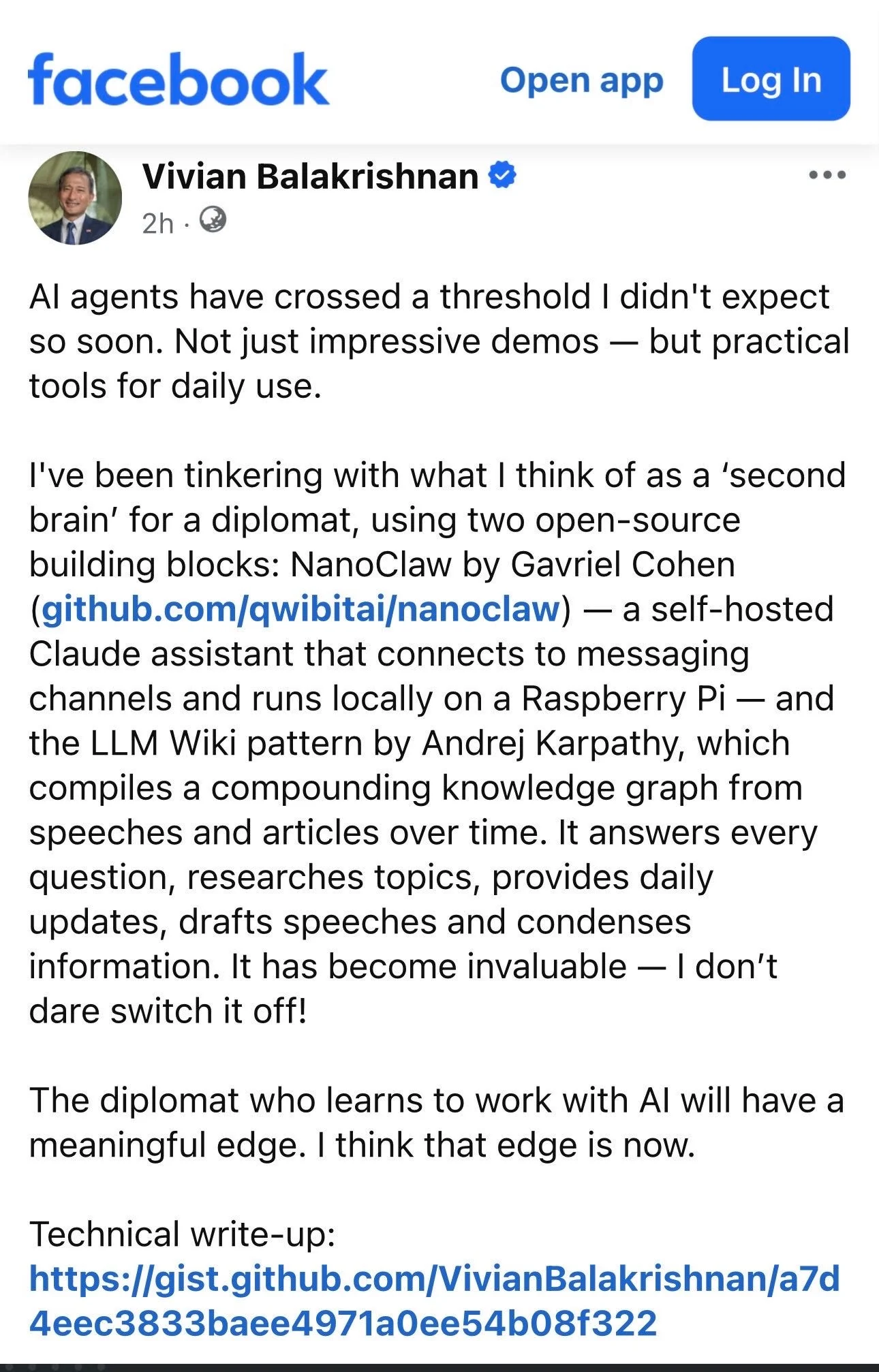 Vivian Balakrishnan's Facebook post in its original English, transcribed below.