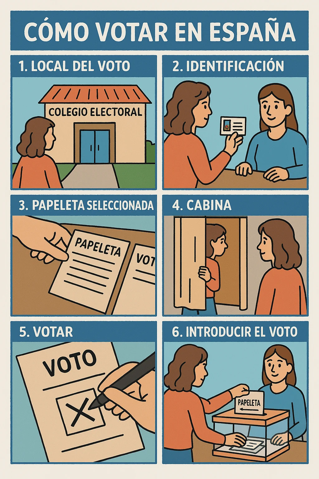 Historical AI-generated six-panel voting comic, preserved as an unverified demonstration with a complete English transcription.
