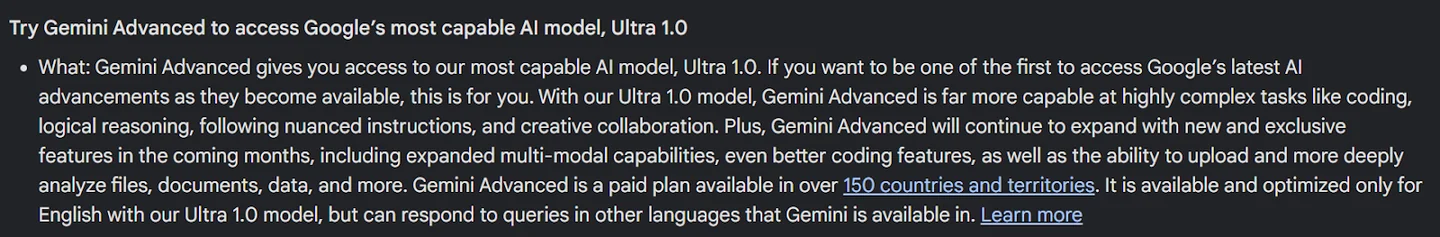 Google’s announcement of Gemini Advanced access to Ultra 1.0, including its language limitation.