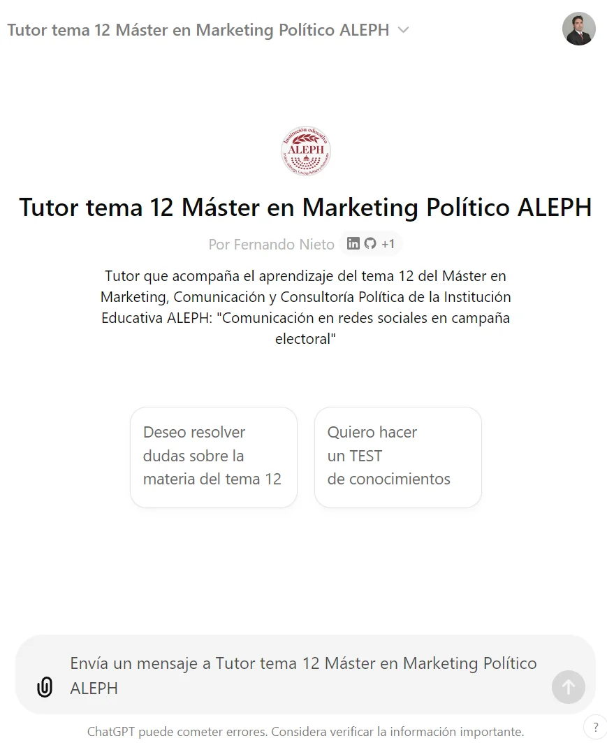 Spanish-language interface of ALEPH's tutor for topic 12, Social media communication in an election campaign, created by Fernando Nieto. Its two suggested actions are to ask questions about the topic and take a knowledge test.