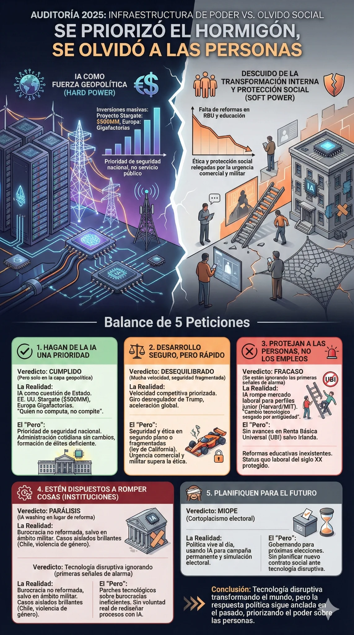 An audit of 2025 contrasts expanding AI infrastructure with neglected social protection, then grades the five requests made to politicians. Complete English alternative follows.