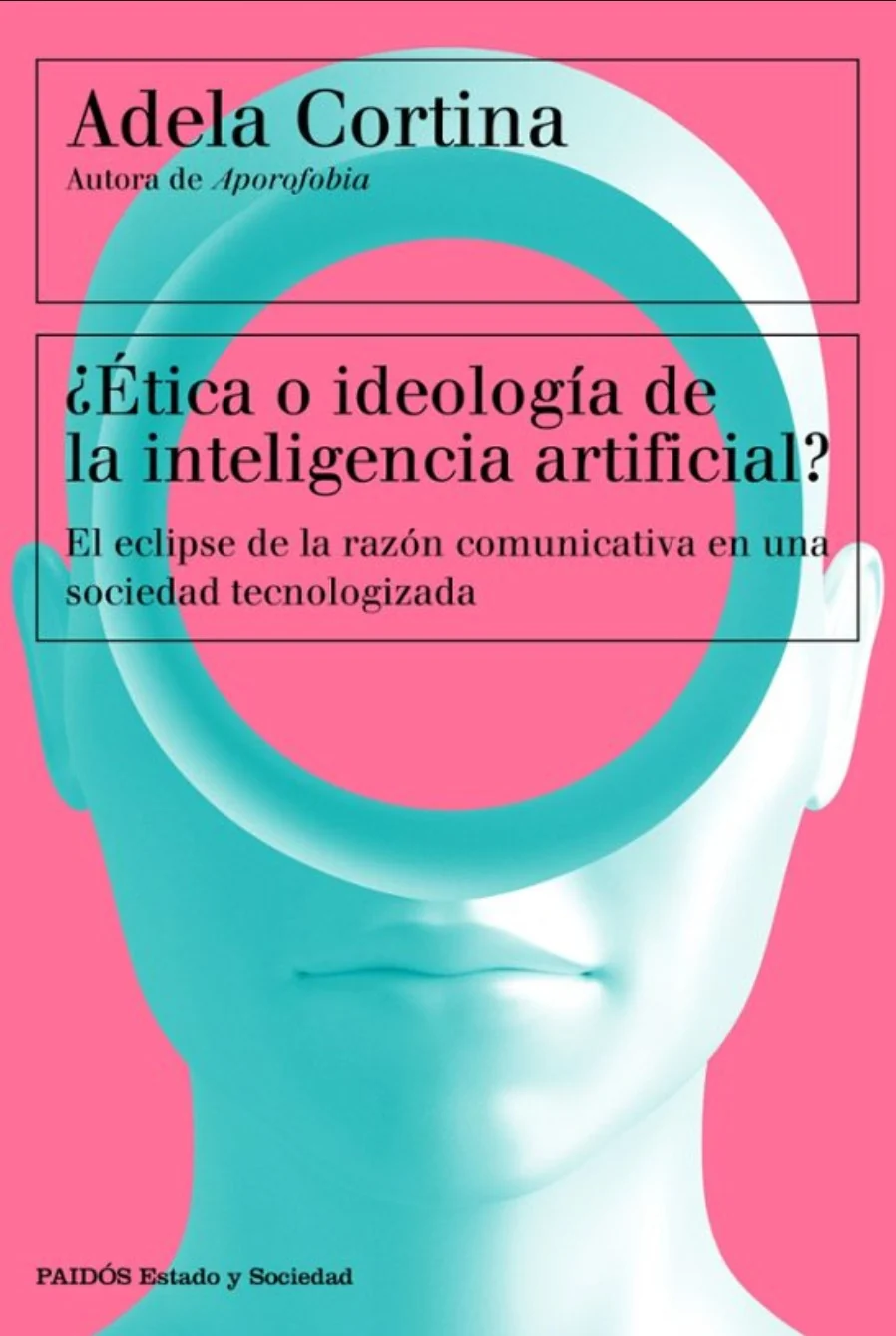 Spanish cover of Adela Cortina's book, showing a turquoise head against a pink background; title and other cover text translated below.