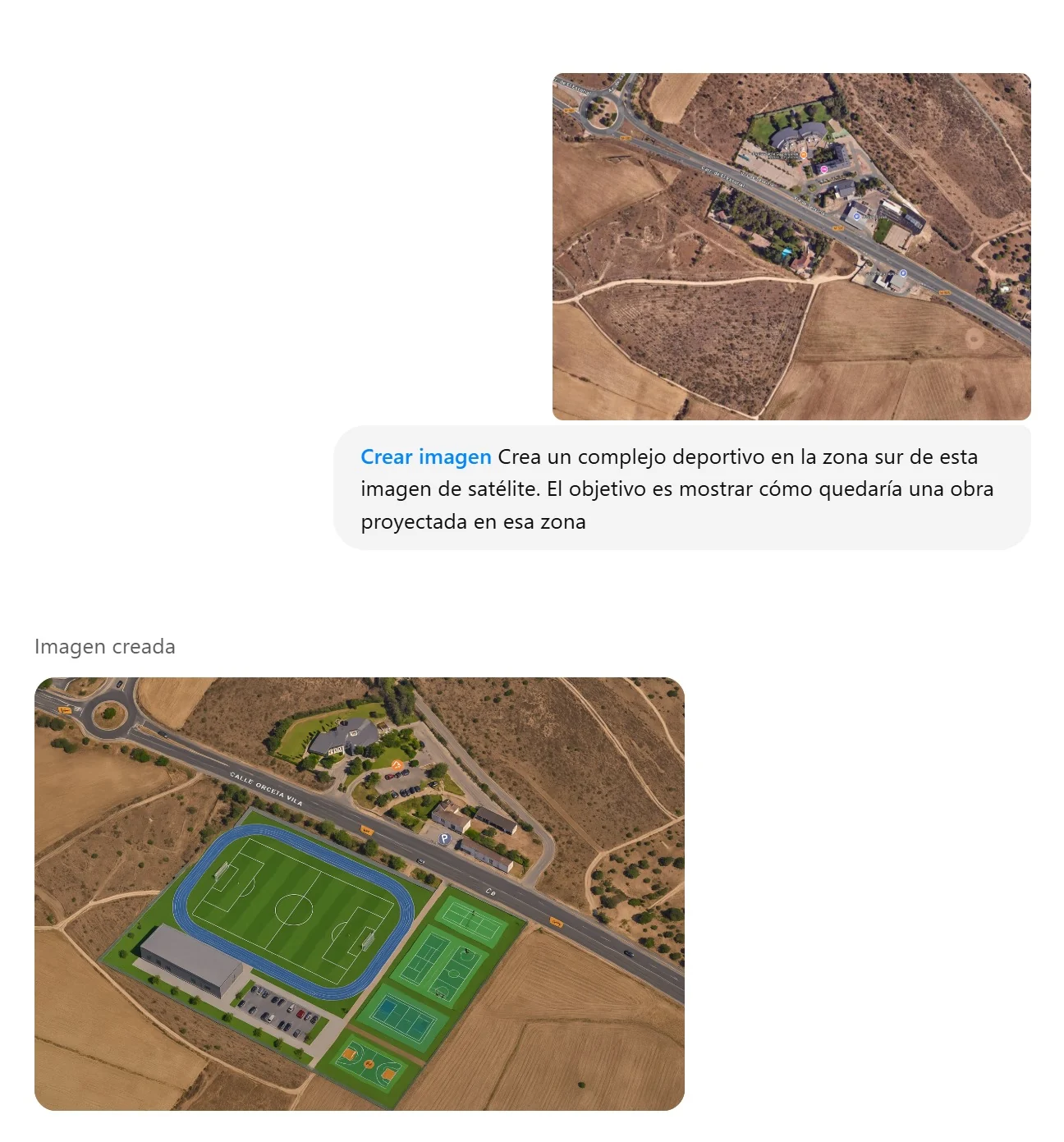 ChatGPT screenshot adding an imagined sports complex to a satellite view; the complete instruction and output context are translated below.